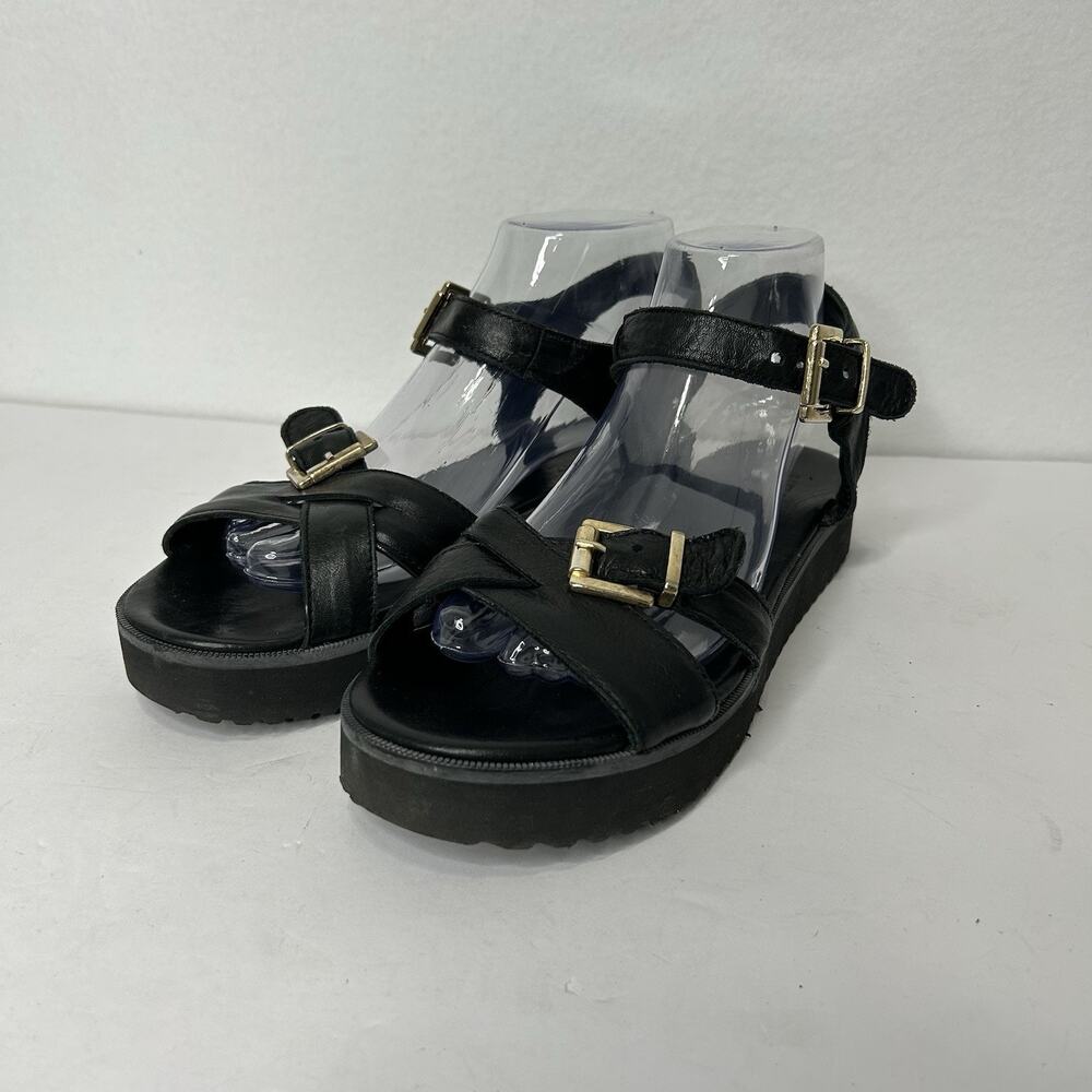 Miz Mooz Nuovo Strappy Black Leather Platform Sandals EU 40 Sz 10 Gold Buckle - Picture 2 of 7